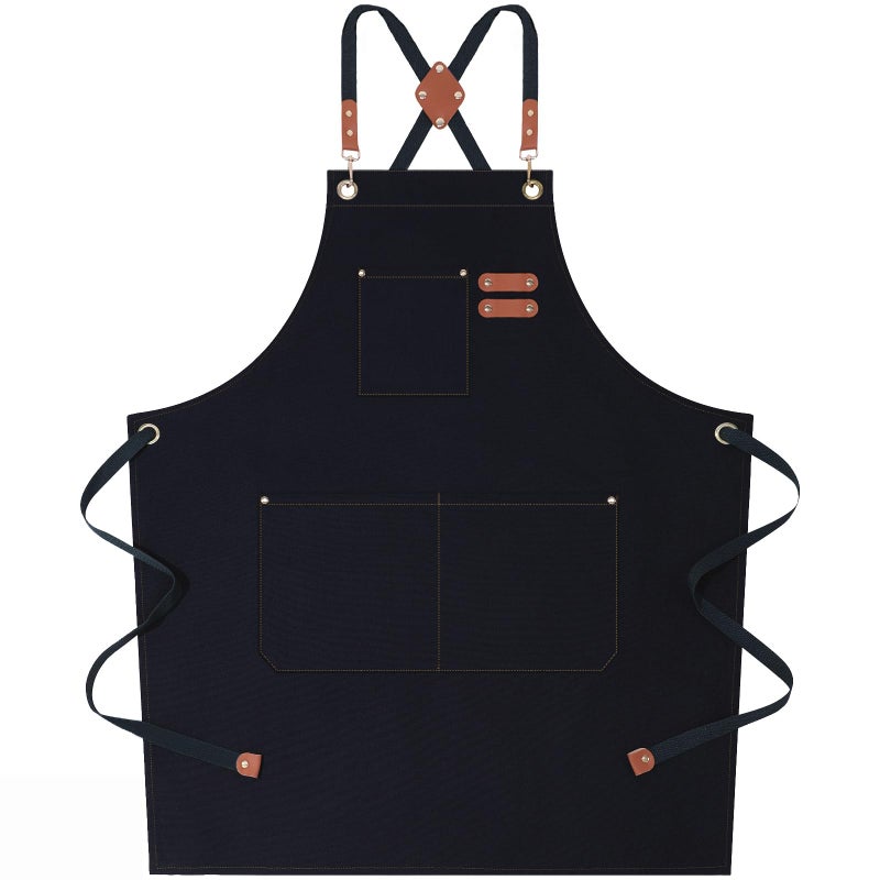 AFUN Chef Aprons for Women Men with Large Pockets  Cotton Canvas Cross Back Water Repellent Work Apron  Size M to XXL (Black) - Image 1